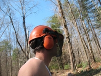 helmet and hearing protection on