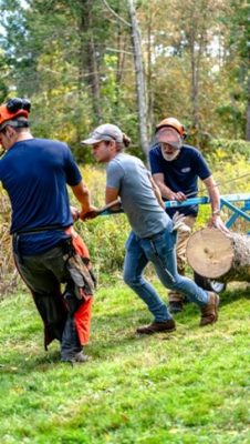 Forest crew hauling a log with an arch