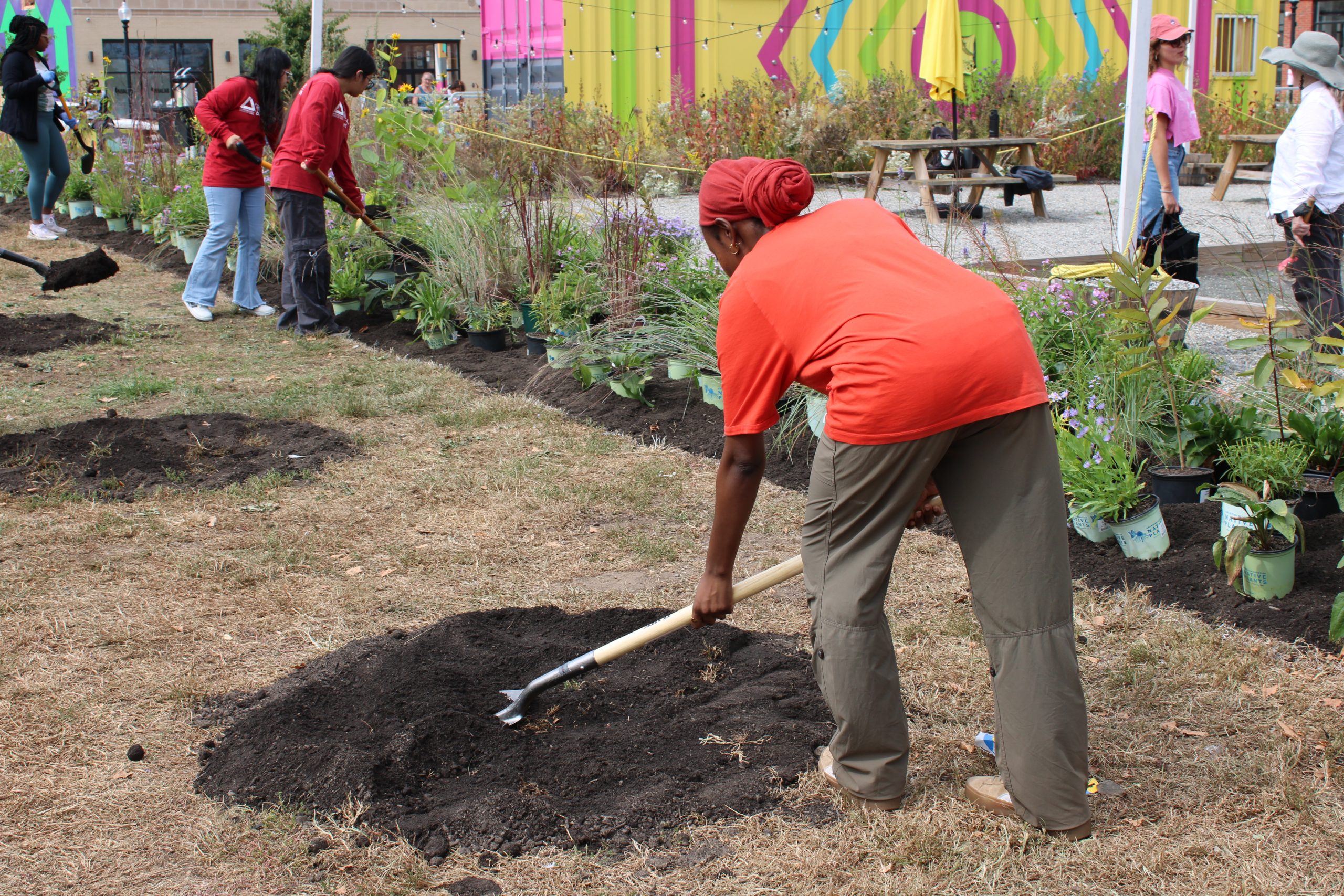 Volunteers install a pollinator garden in Bridgeport, in partnership with the City of Bridgeport, Skateport and Aspetuck Land Trust.