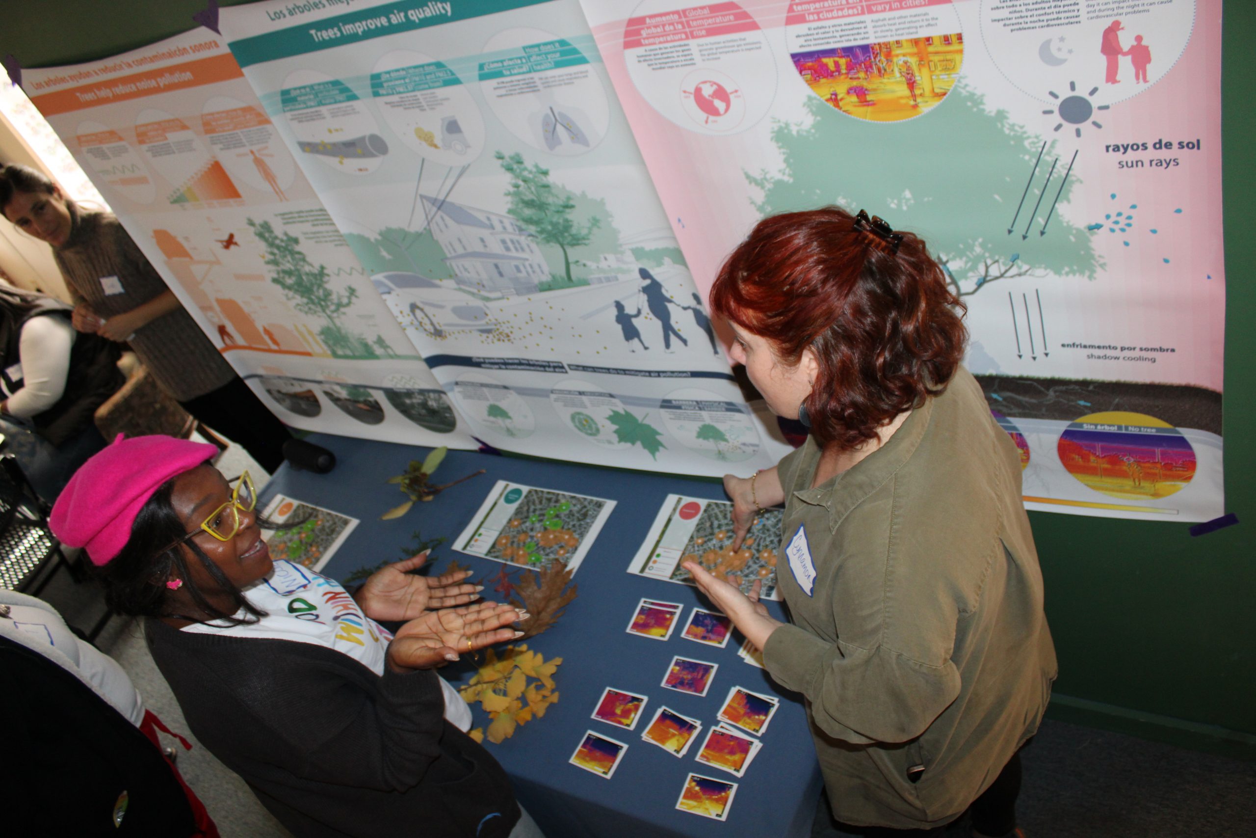 Urban Forester Dr. Cynnamon Dobbs discusses the benefits of urban trees with a New London community member.